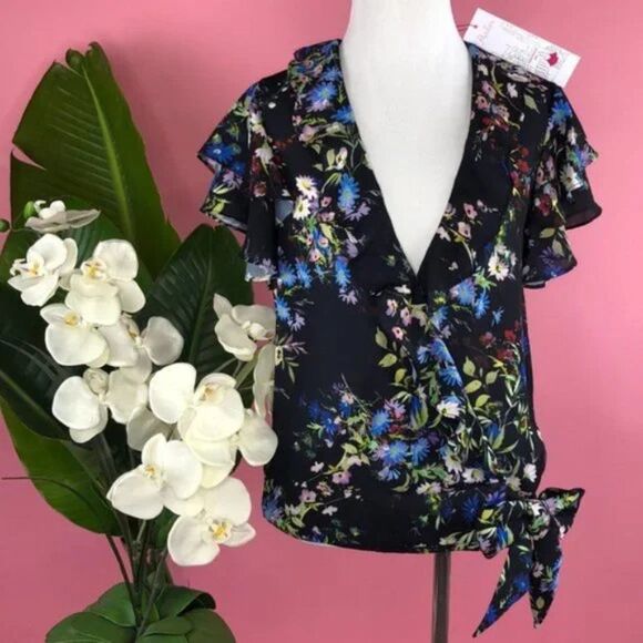 Parker Floral Flutter Sleeve Wrap Style Black Top NWT - Picture 9 of 9